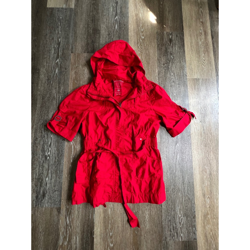 MBJ Utility Jacket Women Size 40 Red Hooded Short Sleeve Belted Cargo 3186